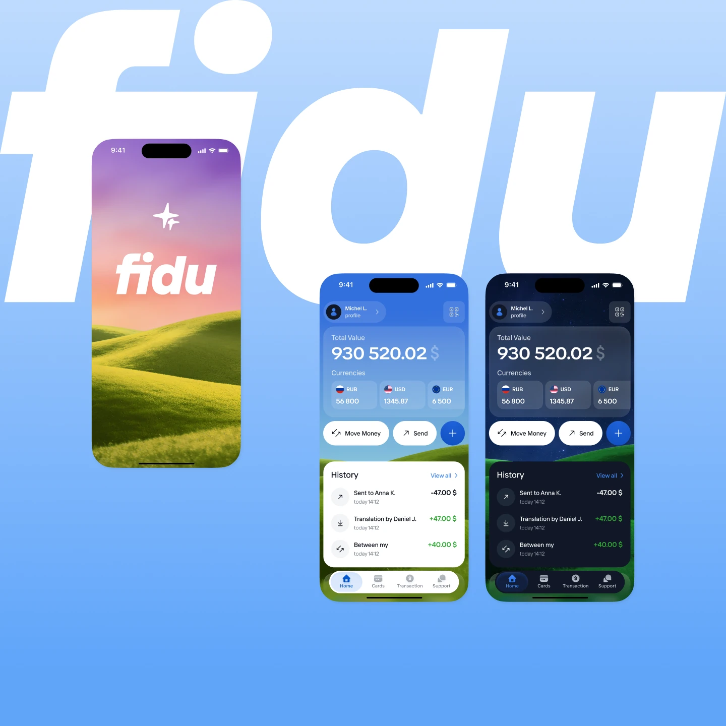Фирменный стиль Fidu и светлая и тёмная темы приложения