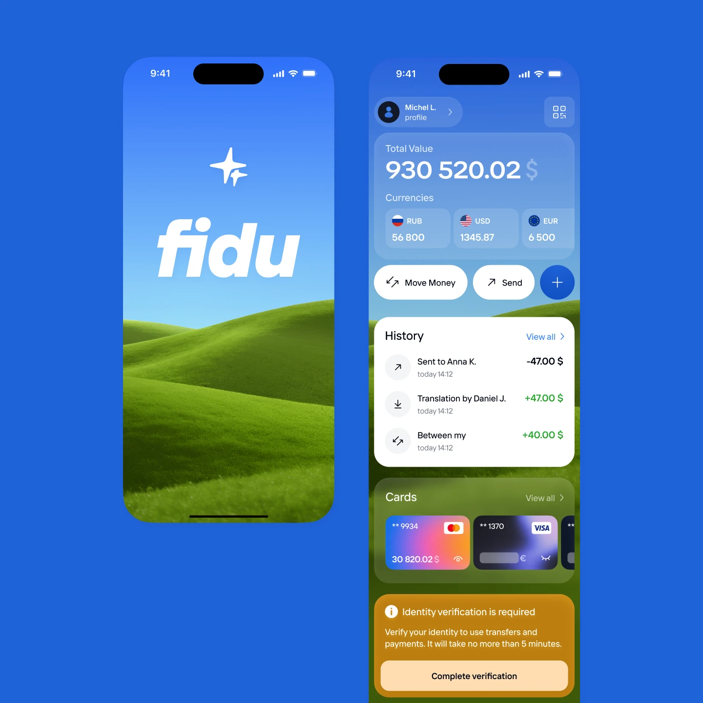 Приветственный экран и главная страница кошелька Fidu